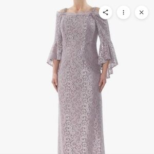 Size 10/12 Lilac metalic lac off shoulder bell sleeve column gown by R&M Rich